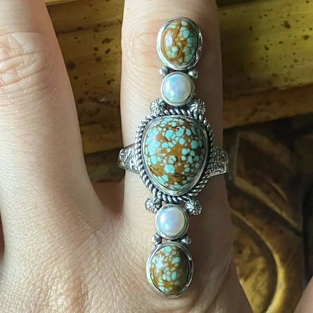 Royston Blue Horizon Turquoise Pearl Sterling Silver Ring Size 9